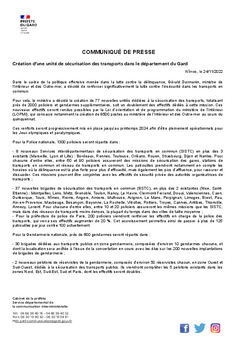 Communiqué de presse de la Préfecture du Gard daté du 24 novembre 2022, annonçant la création d’une unité de sécurisation des transports dans le département du Gard